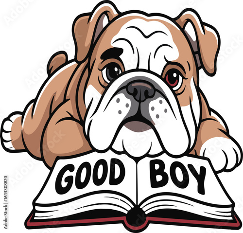 Cartoon bulldog lying on a book with text GODBOY on white background canine animal
