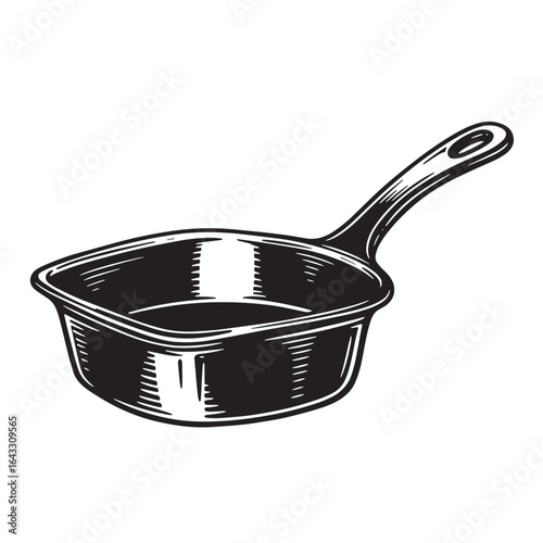 Detailed black and white illustration of a vintage square cast iron skillet with handle