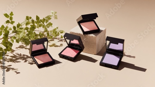 Assorted blush and eyeshadow palettes displayed on a beige backdrop.