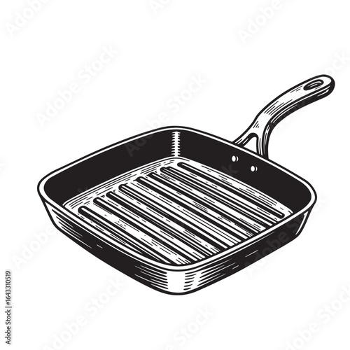 Detailed engraved black and white illustration of a square grilling pan kitchenware design