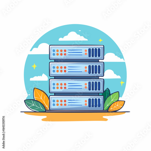 Illustrated Server Stack with Clouds and Stars Depicting Data Storage Security