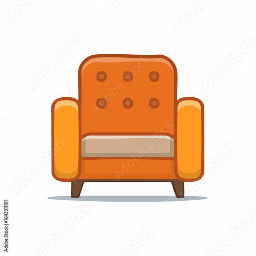 Cartoon Style Orange Armchair with Brown Legs Isolated on White Background, Front View