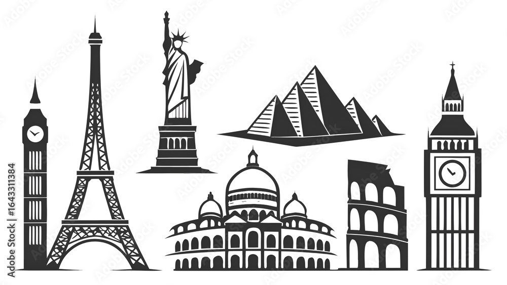 Obraz premium World landmarks, including the Eiffel Tower, pyramids