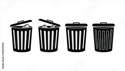 Four black silhouette trash cans with open and closed lids on white background garbage can waste bin