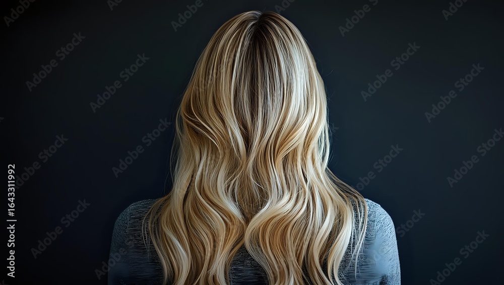 Naklejka premium Back view of long wavy blonde hair on woman wearing grey sweater against dark background, highlighting natural hair texture and professional styling.