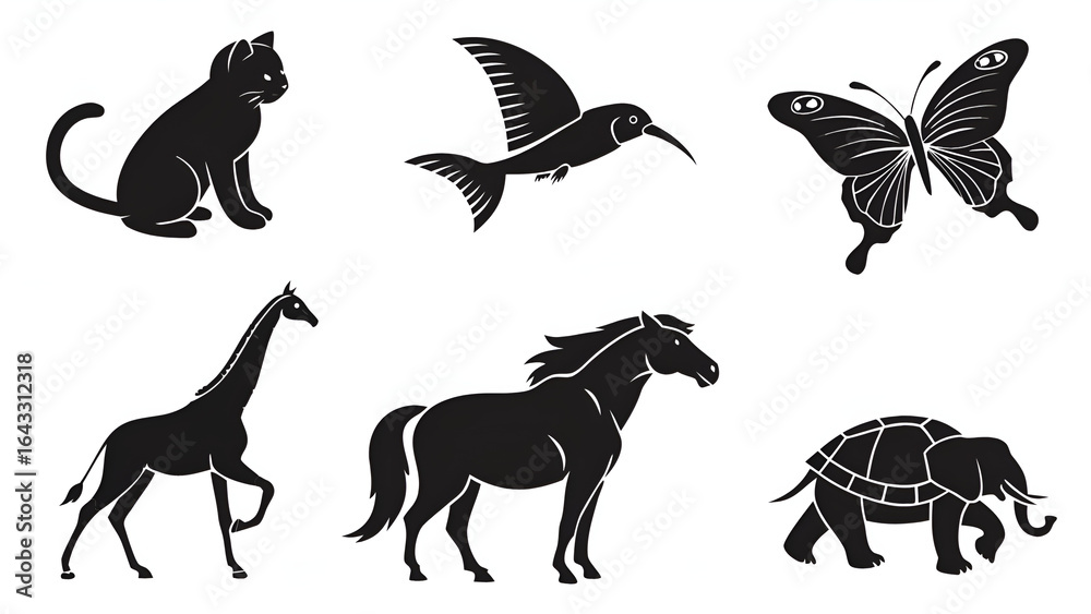 Fototapeta premium Silhouette animals, cat, hummingbird