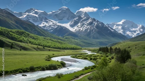 Panoramic view of snow-capped Alps with a winding river flowing through a lush green valley under a clear blue sky