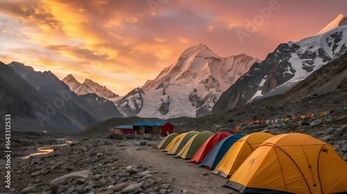 Colorful camping tents lined up in a rocky mountain base camp at sunset with stunning snowy peaks in the background.