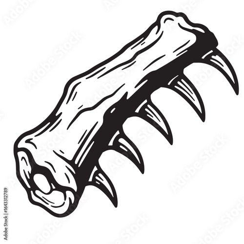 Hand drawn black and white illustration of a stylized wood fragment with sharp claws