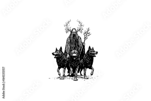 Hooded Figure Riding Three Black Dogs with Antlers