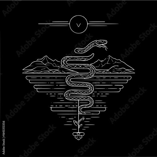 Snake Emerging from Water with Mountains and Plant in Background Isolated on Black