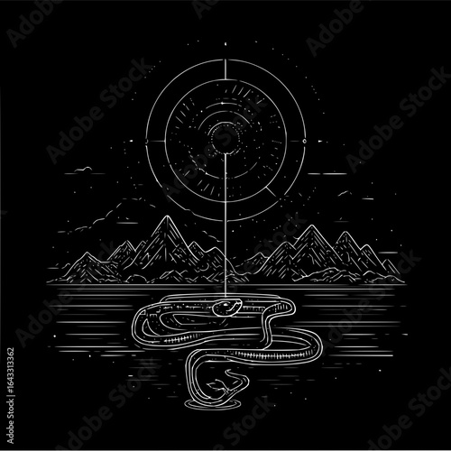 Snake Emerging from Water with Radar Target in Mountains