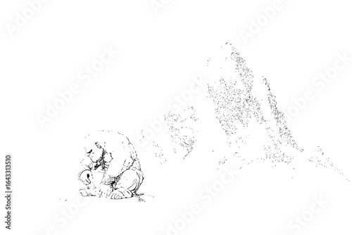 Sad Bear Sitting Alone on Snowy Mountain Peak