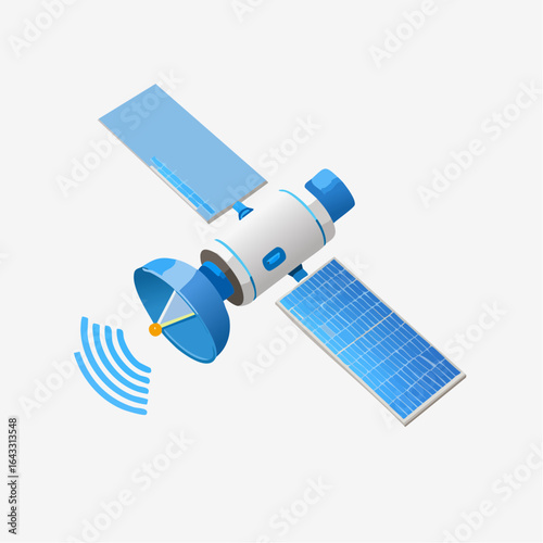 An illustrative isometric view of a modern satellite in orbit, featuring solar panels and a communication dish emitting radio waves against a neutral background.