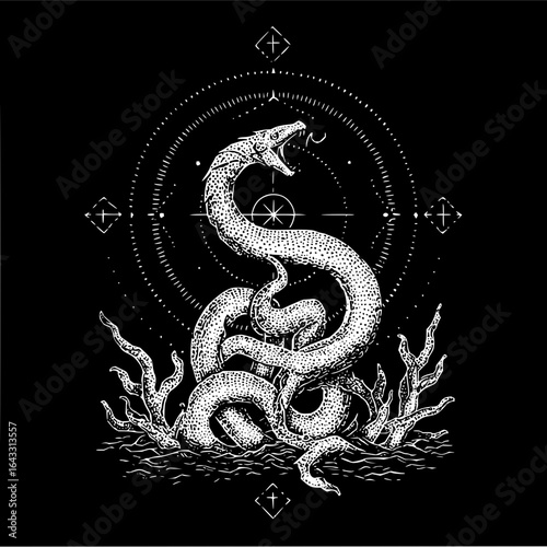 Snake Emerging from Water with Stylized Celestial Background