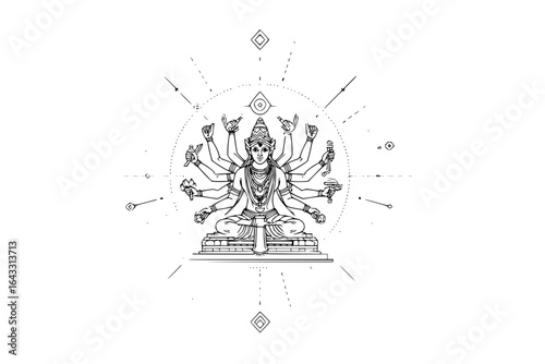 Hindu Goddess Ganesha with Multiple Arms Sitting on Throne in Circle