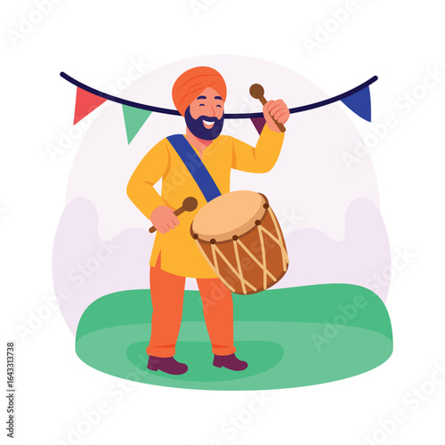A vibrant illustration of a man in traditional Sikh attire playing a dhol drum.