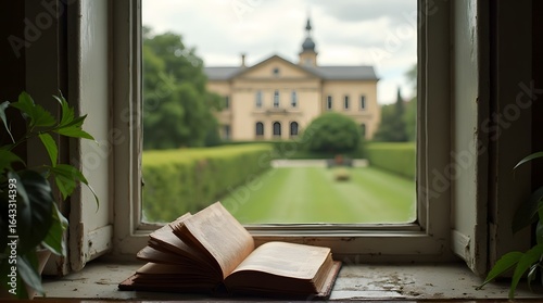 An old book open on a weathered windowsill overlooking a grand estate and manicured green lawn.