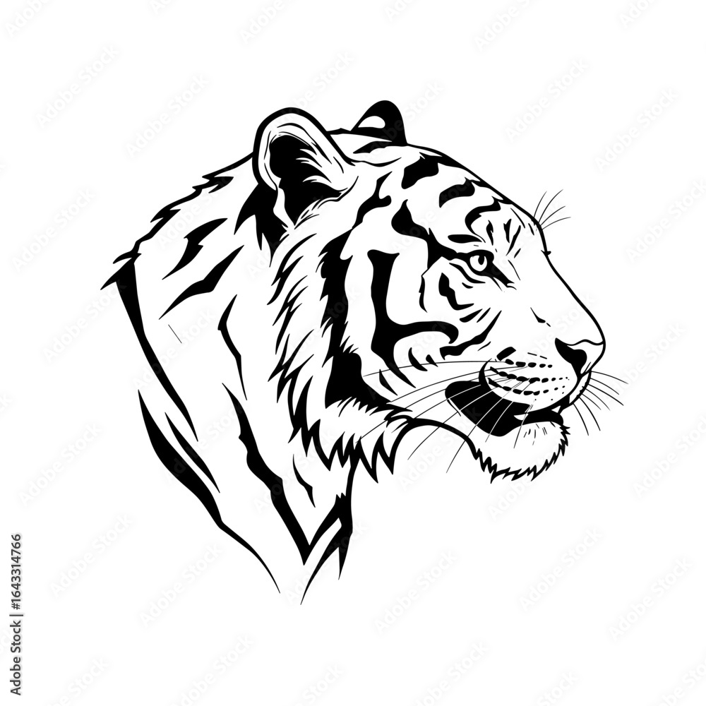 Obraz premium Black and white vector illustration of a tiger head in profile on a white background