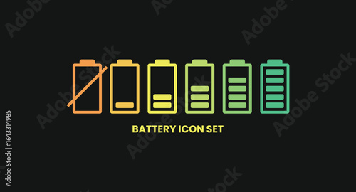 Colorful battery icon set on black background showing empty to full power levels. Ideal for energy, electricity, renewable power, technology, mobile apps battery status and electronic device UI design