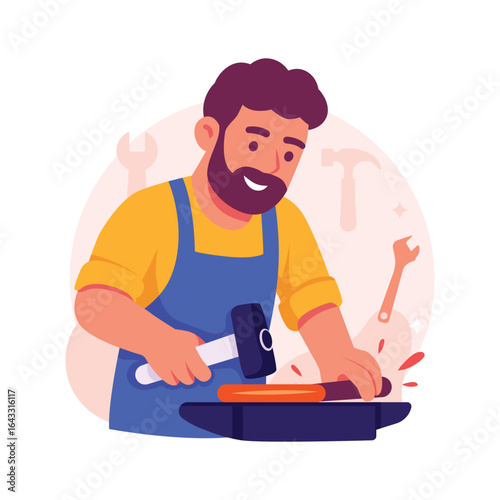 A cheerful cartoon depiction of a blacksmith or metalworker focused on his craft.