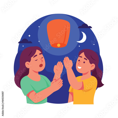 Flat illustration of two girls releasing glowing sky lanterns during the night festival.