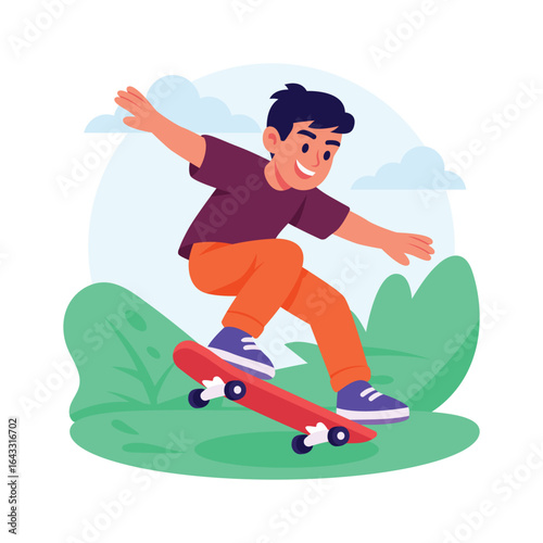 A vibrant illustration of a boy skateboarding, showcasing a dynamic action shot.