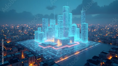 Digital Twin City with Glowing Circuitry and Holographic Skyscrapers at Night