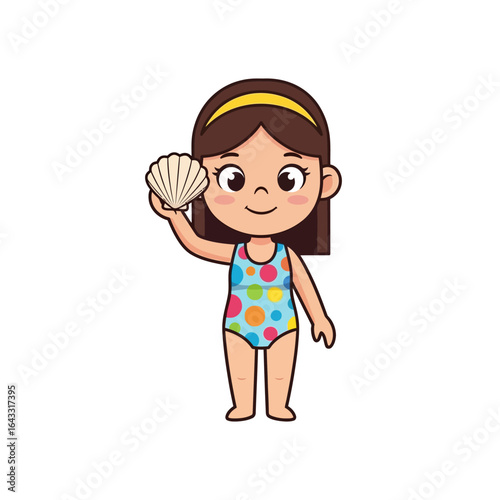 Cartoon girl in a polka dot swimsuit holding up a seashell with a smile on a white background.