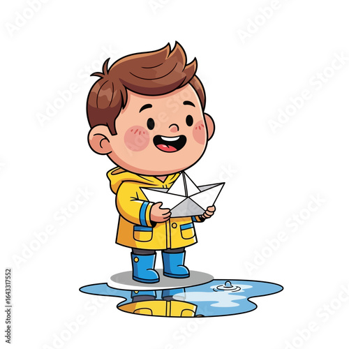 A cheerful cartoon boy in a yellow raincoat stands in a puddle while holding a paper boat.