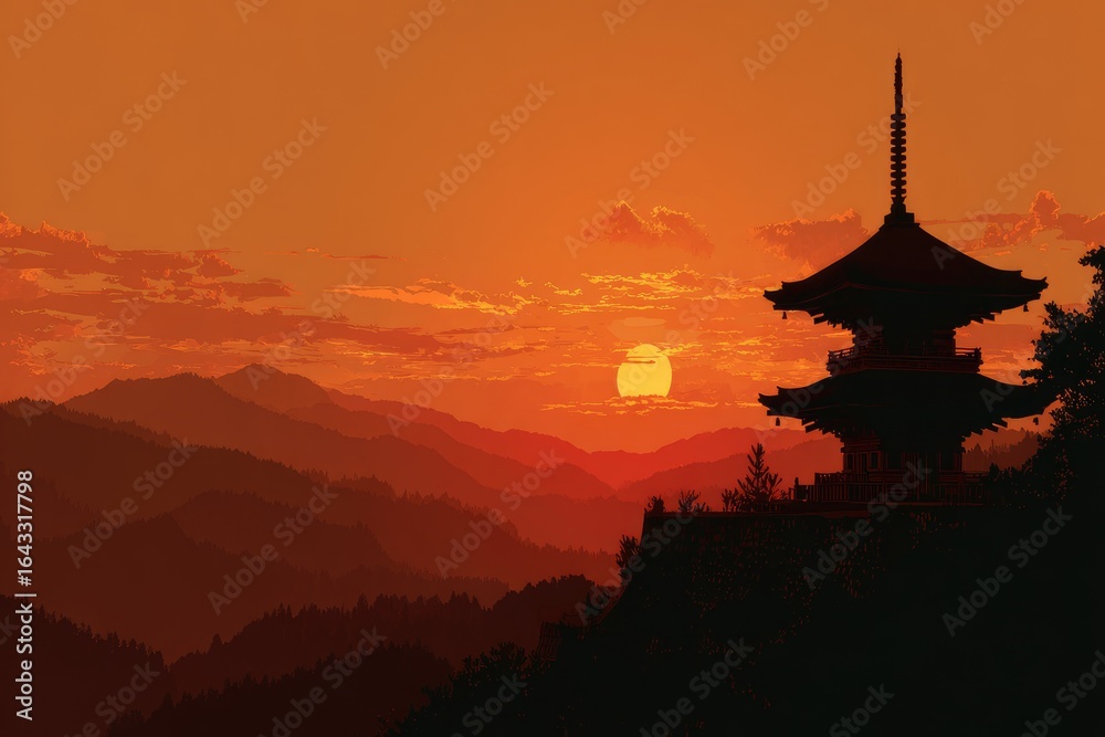 Obraz premium Sunrise pagoda, pixel art, tranquil scene