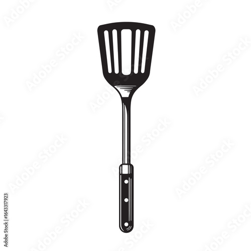 Vector illustration of a black and white slotted spatula isolated on a white background.