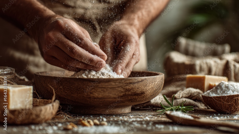 Fototapeta premium Artisan hands crafting homemade natural soap with herbs and spices