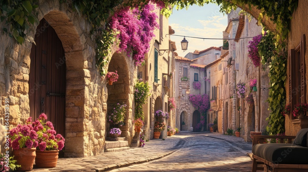 Obraz premium Quaint European street lined with stone buildings, vibrant flowers and archways