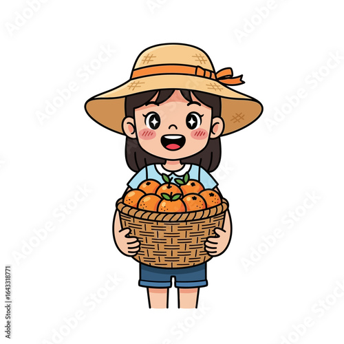 Cartoon girl wearing a hat holding a woven basket filled with oranges, smiling happily.