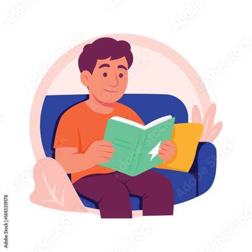Creatively crafted flat illustration of a man reading book peacefully