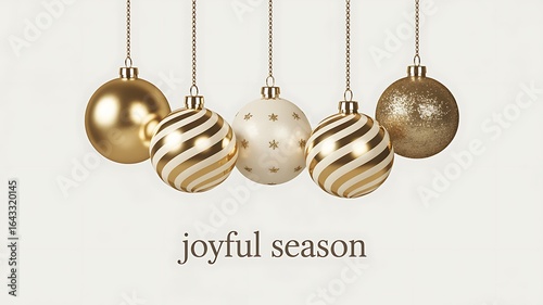 Elegant gold and white Christmas ornaments with festive “Joyful Season” greeting