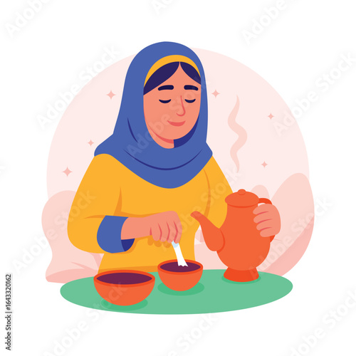 Flat illustration of a woman in hijab preparing tea, peaceful moment of hospitality