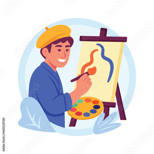 A cheerful young artist is depicted in a flat design style, happily painting on an easel.