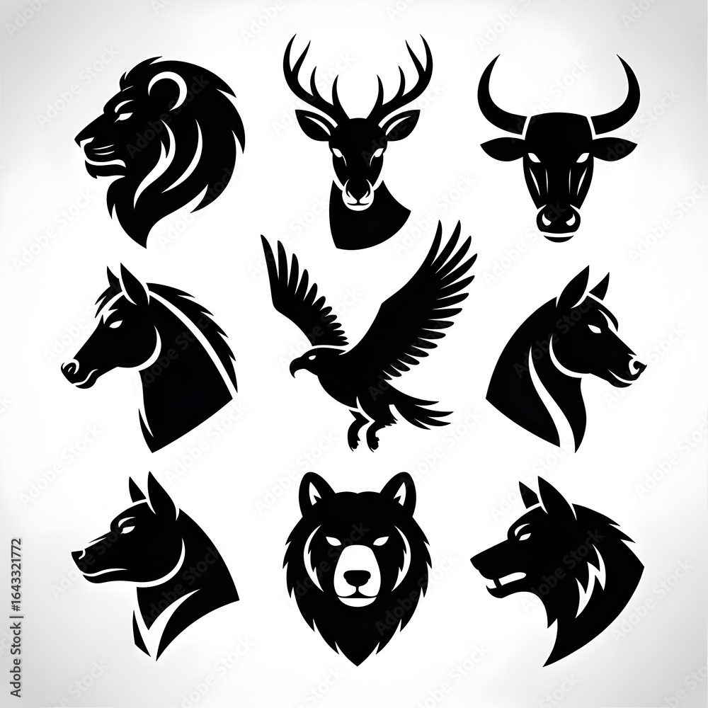 Fototapeta premium Powerful animal emblems including lion, eagle, horse, deer, bull, bear, wolf, and dog for branding
