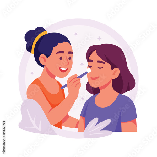 Woman applying cultural makeup to another woman during a festive event.