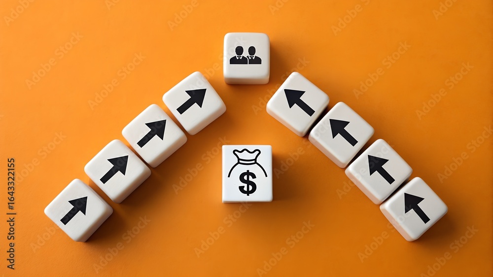 Obraz premium Decision Flow – Business Strategy and Financial Direction Concept, Abstract, Motivation, Orange Background, Symbolic Cubes and Arrows