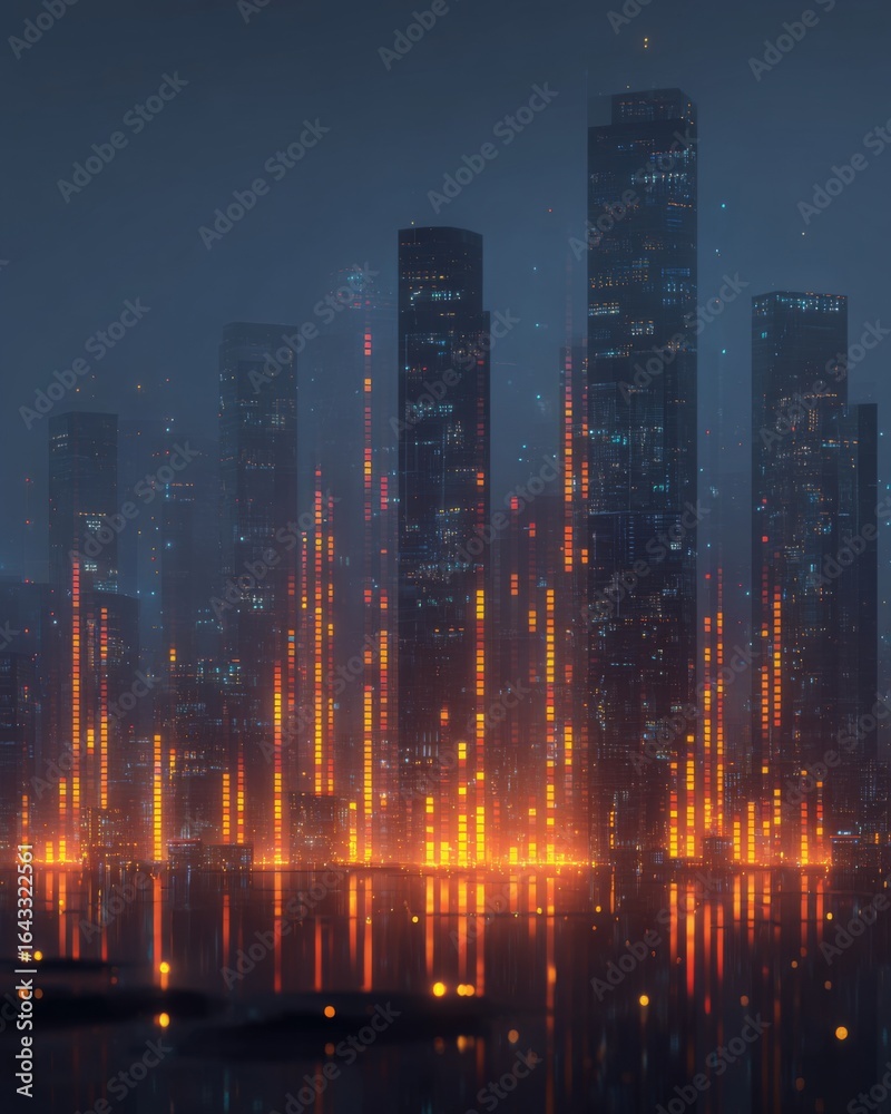 Fototapeta premium Neon‑lit futuristic skyline of tall buildings at night with overlapping bar chart represents making progress in market share