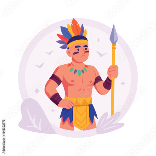A stylized illustration of a man dressed in traditional attire, holding a spear.
