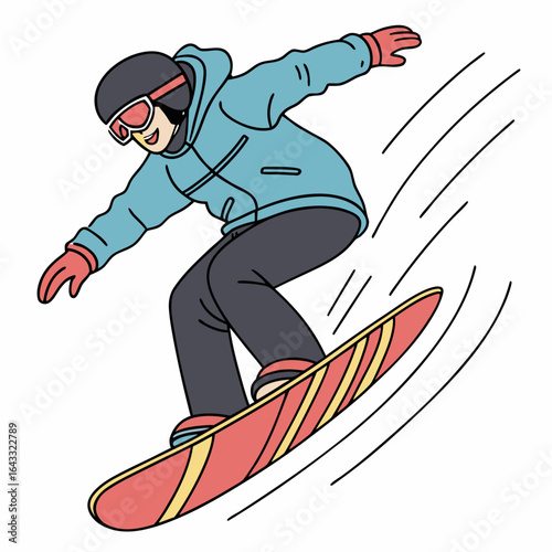 Excited snowboarder carving down a snowy slope