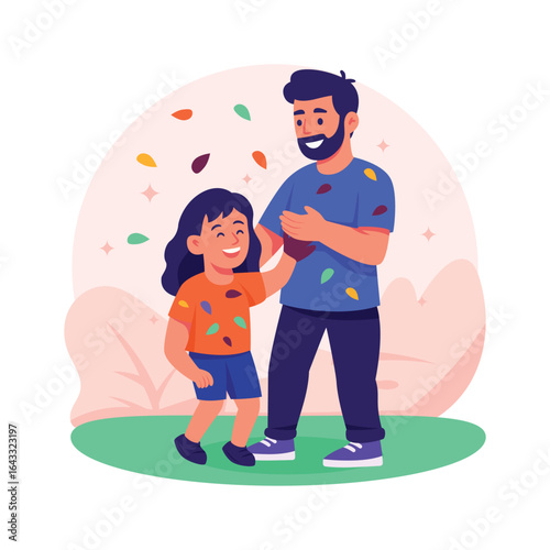 A man and a little girl dancing happily during an outdoor cultural event.