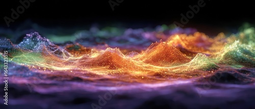A stunning digital render of glowing, colorful waves of data, particles, and light moving in an abstract, futuristic, and ethereal landscape