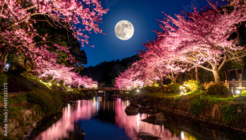 Pink cherry blossoms night moon reflection
