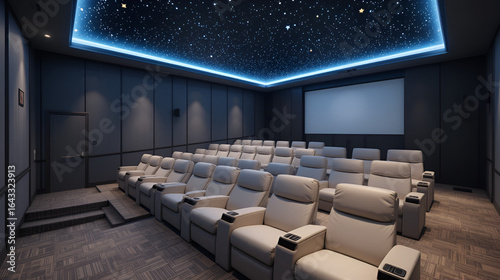 A soundproofed home theater room with minimalist reclining seats and a glowing star ceiling. digital