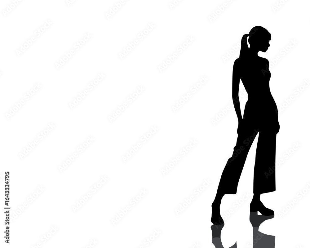 Stylish silhouette of a confident woman posing in modern wide-leg trousers, a minimalist full-length vector illustration with a ponytail hairstyle, isolated on a white background Stylish silhouette of a confident woman posing in modern wide-leg trousers, a minimalist full-length vector illustration with a ponytail hairstyle, isolated on a white background